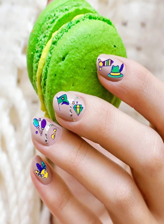 Konsait Mardi Gras Nail Art Stickers(500 Patterns), Self-Adhesive Carnival Nail Decals, Necklace Clown Crown Golden Yellow Green Nail Decoration Sticker, for Girls Women Nail Salon Gifts - Image 5